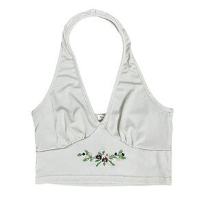 Romwe Ribbed Halter Crop Top Floral Embroidery Size M